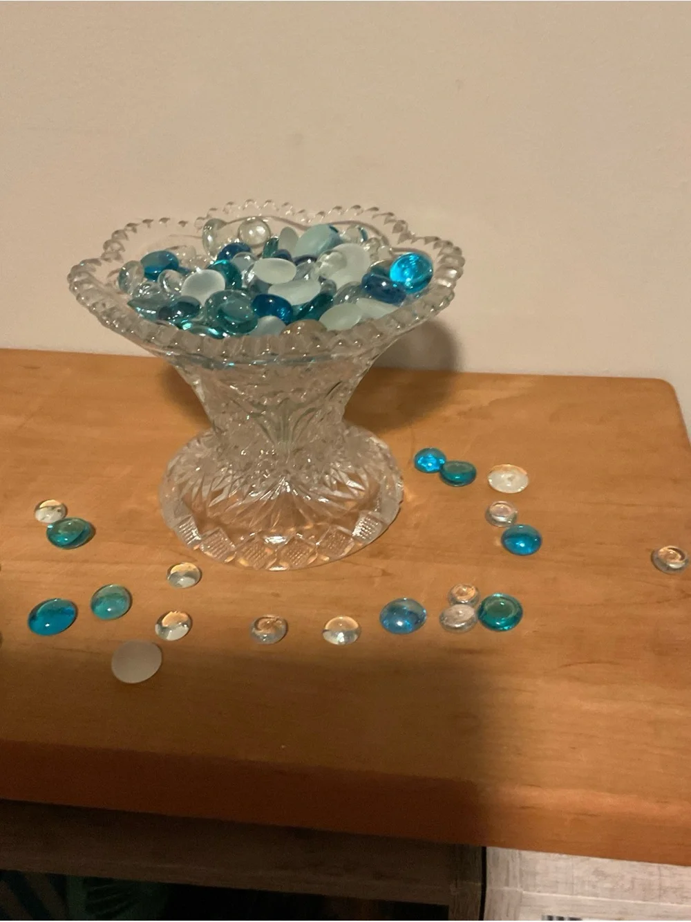 Cut Glass Compote Filled with Blue & Aqua Glass Gems